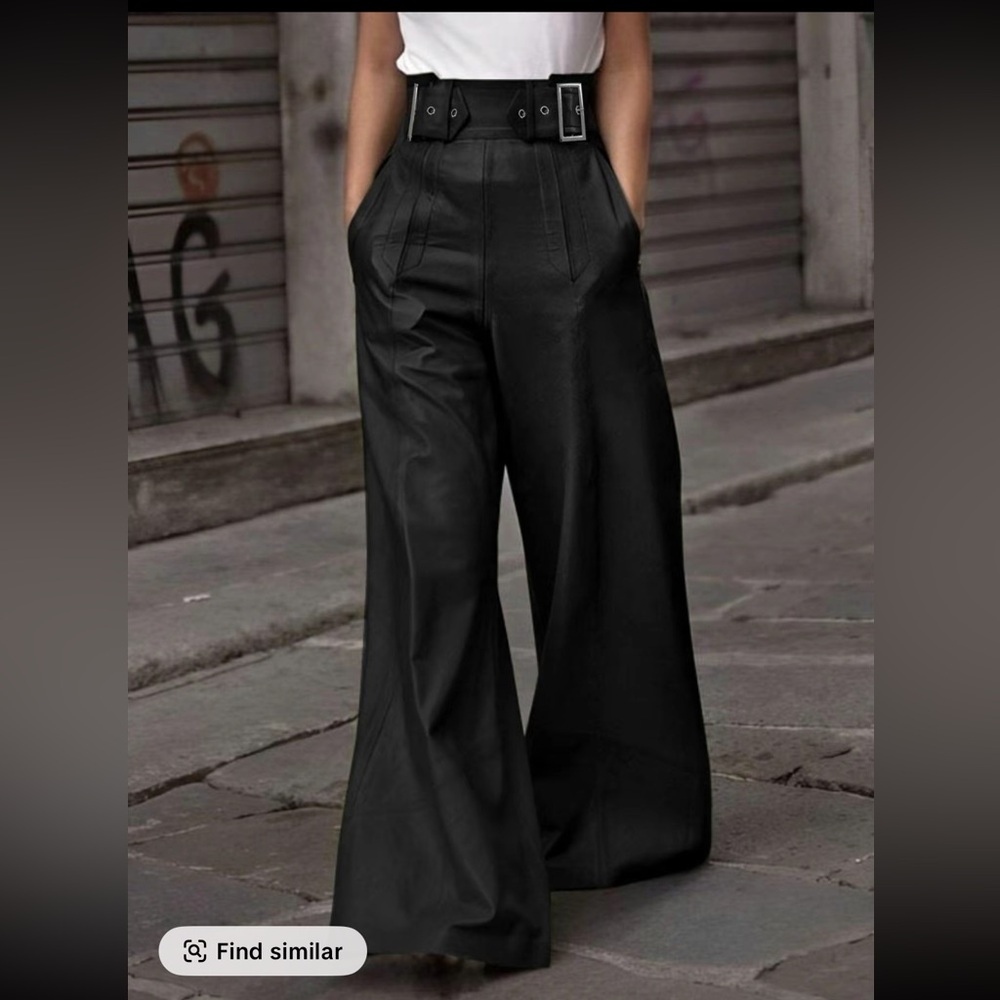 Women Black Wide-Leg Belted Faux Leather Pants Size M